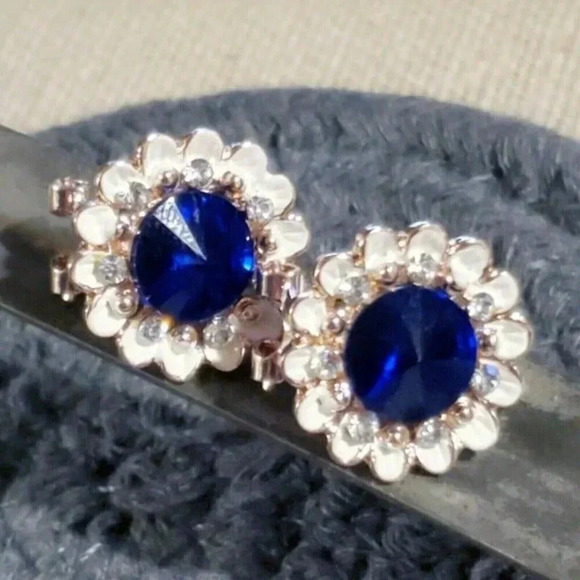 Sapphire Blue Lady Di Style Austrian Rivoli Crystal Earrings - Picture 6 of 12
